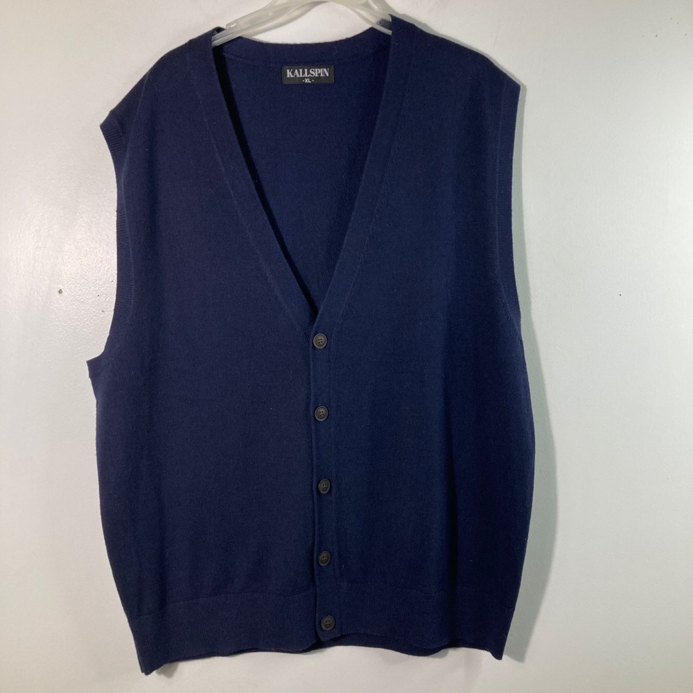 Kallspin Mens Navy Blue V Neck‎ Button Sweater Vest Cashmere Blend #1XL